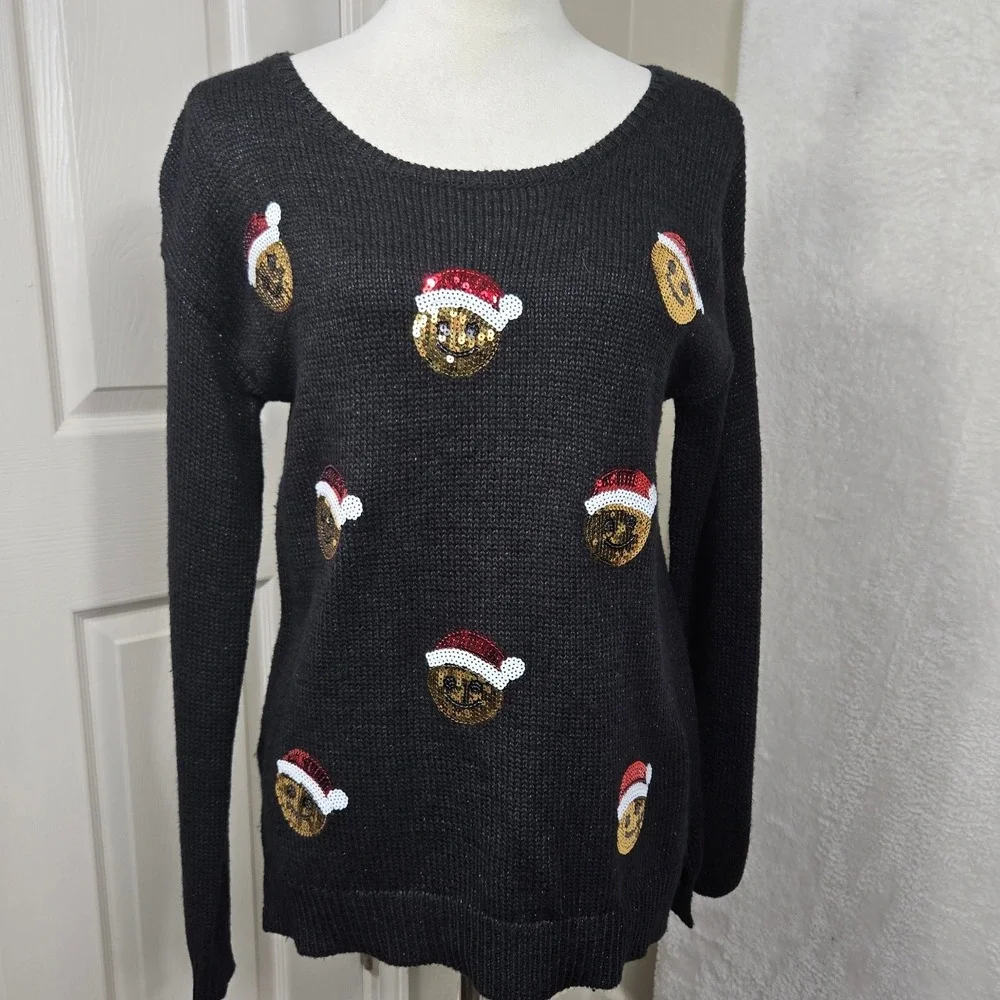 Justice Black Christmas Sequin Smiley Face Santa Hat Sweater Girls‎ Teen 18